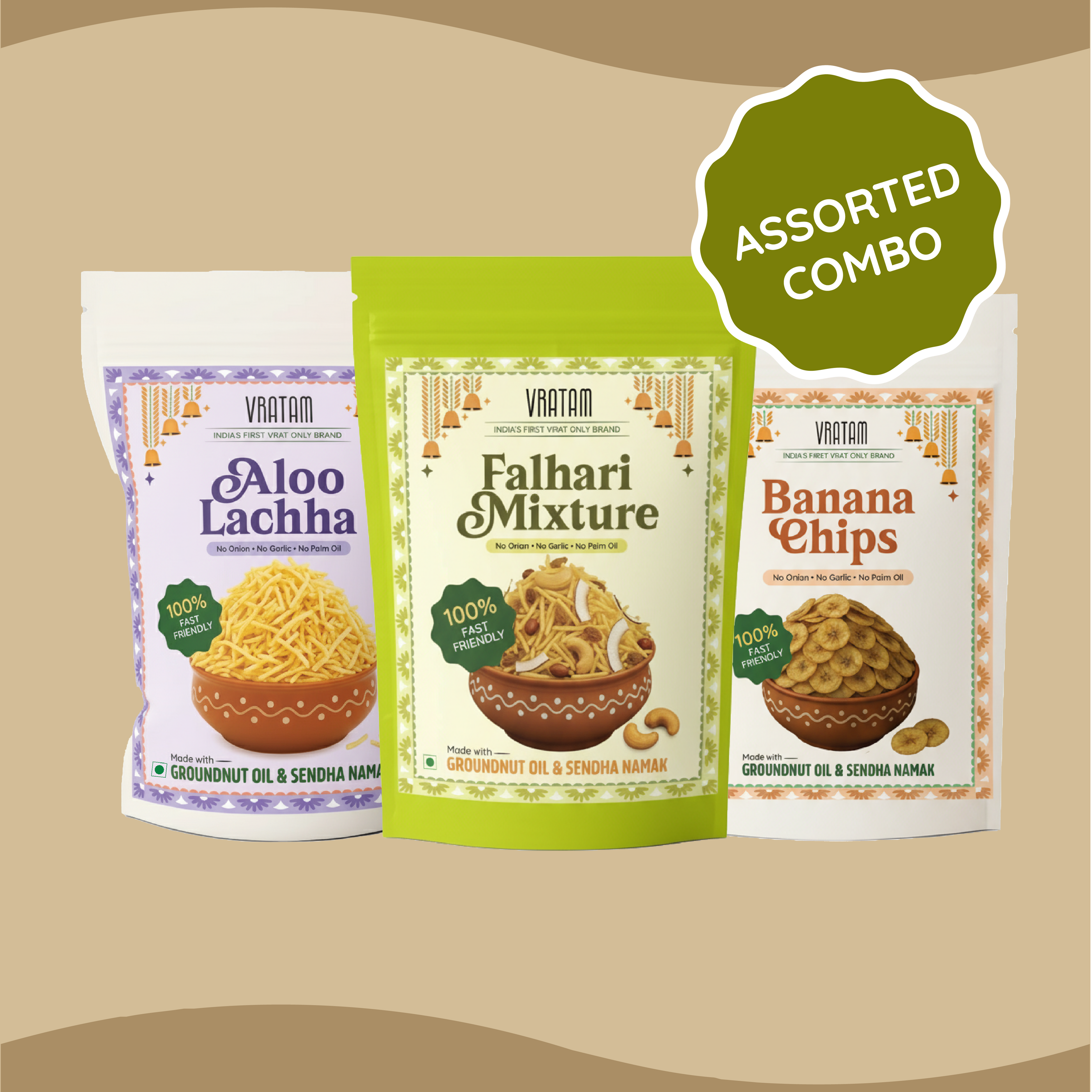 Premium Assorted Vrat Combo - Pack of 3 | Banana Chips (110g), Aloo Lachha (110g) & Falhari Mixture (110g)