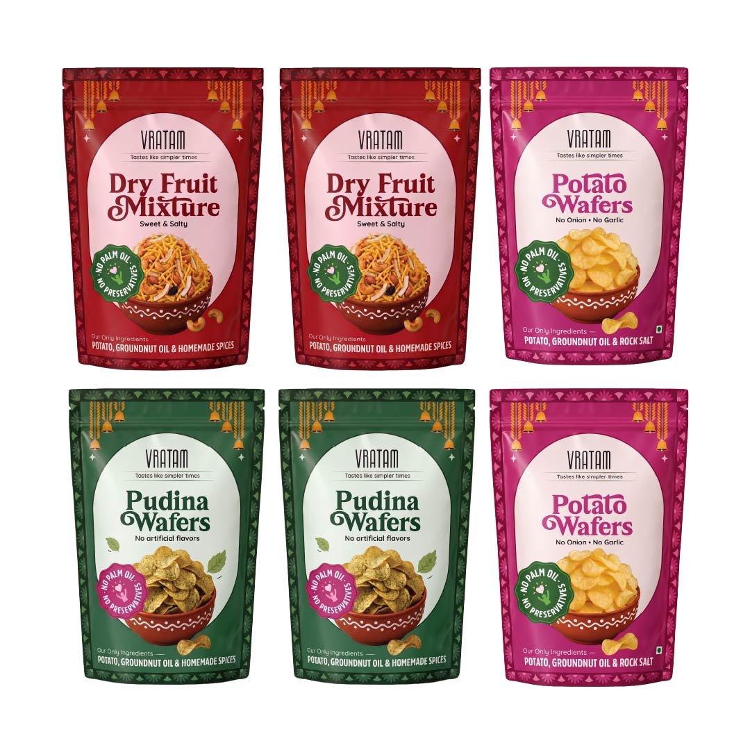 Combo - Pack of 6 | Mixed Bag of Dry Fruit Mixture (150gx2), Pudina Wafers (60gx2), & Potato Wafers (60gx2)