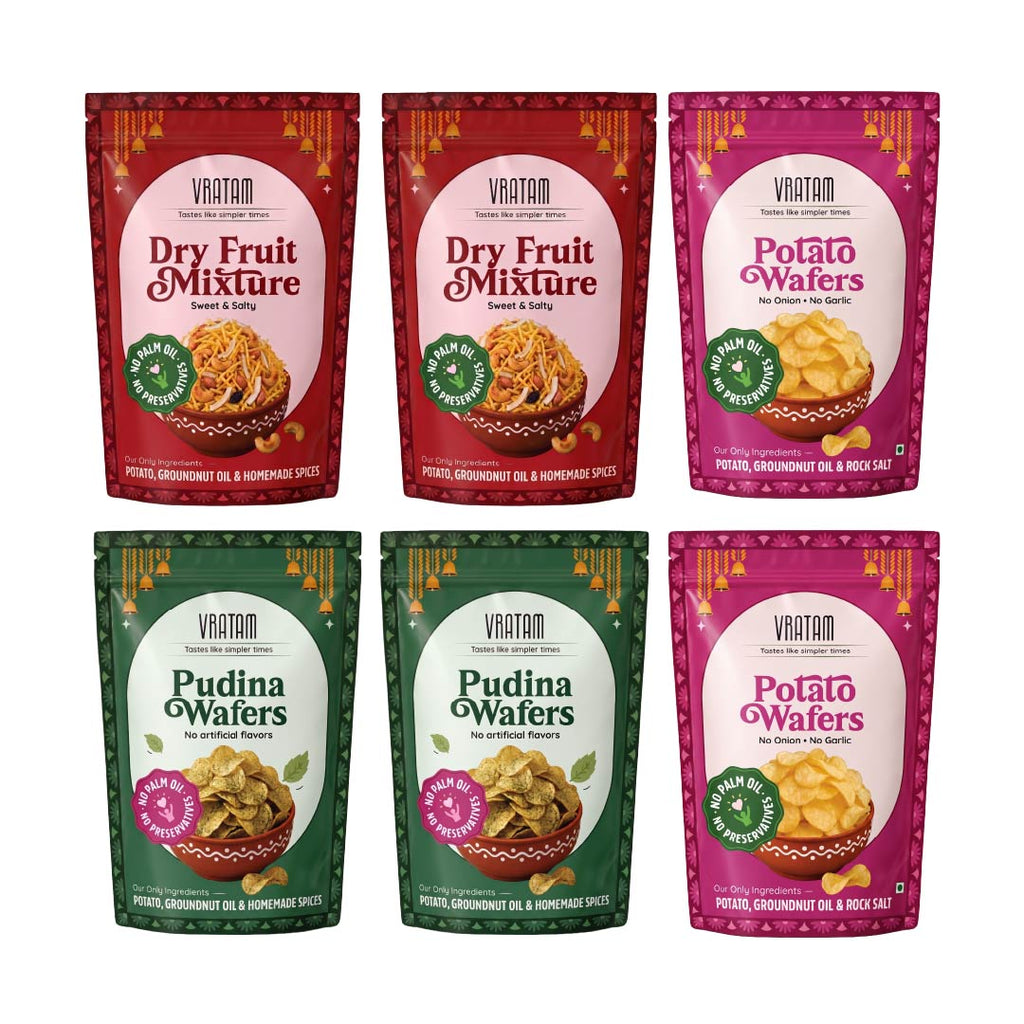 Maha Saver-6 combo- 2x Dry Fruit Falhari Mix 150G, 2x Potato Chips 60G, 2x Pudina Wafers 60g