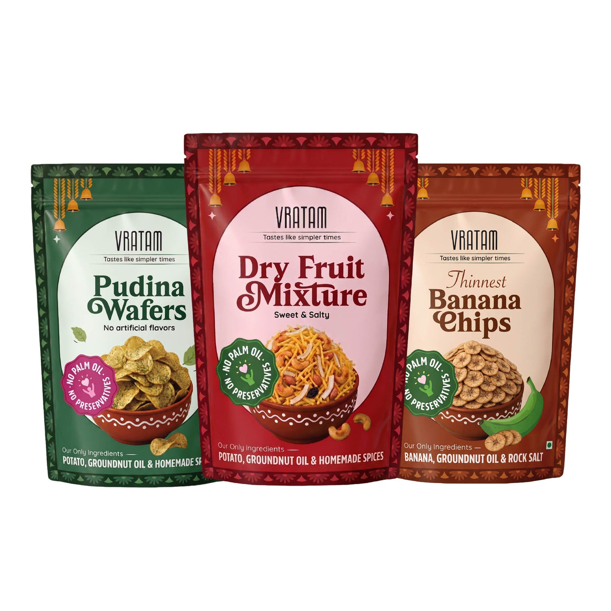 Vratam 3 Assorted Namkeen Snacks Combo - Dry Fruit Mixture 150G, Banana Chips 110G, Pudina Wafers 60g