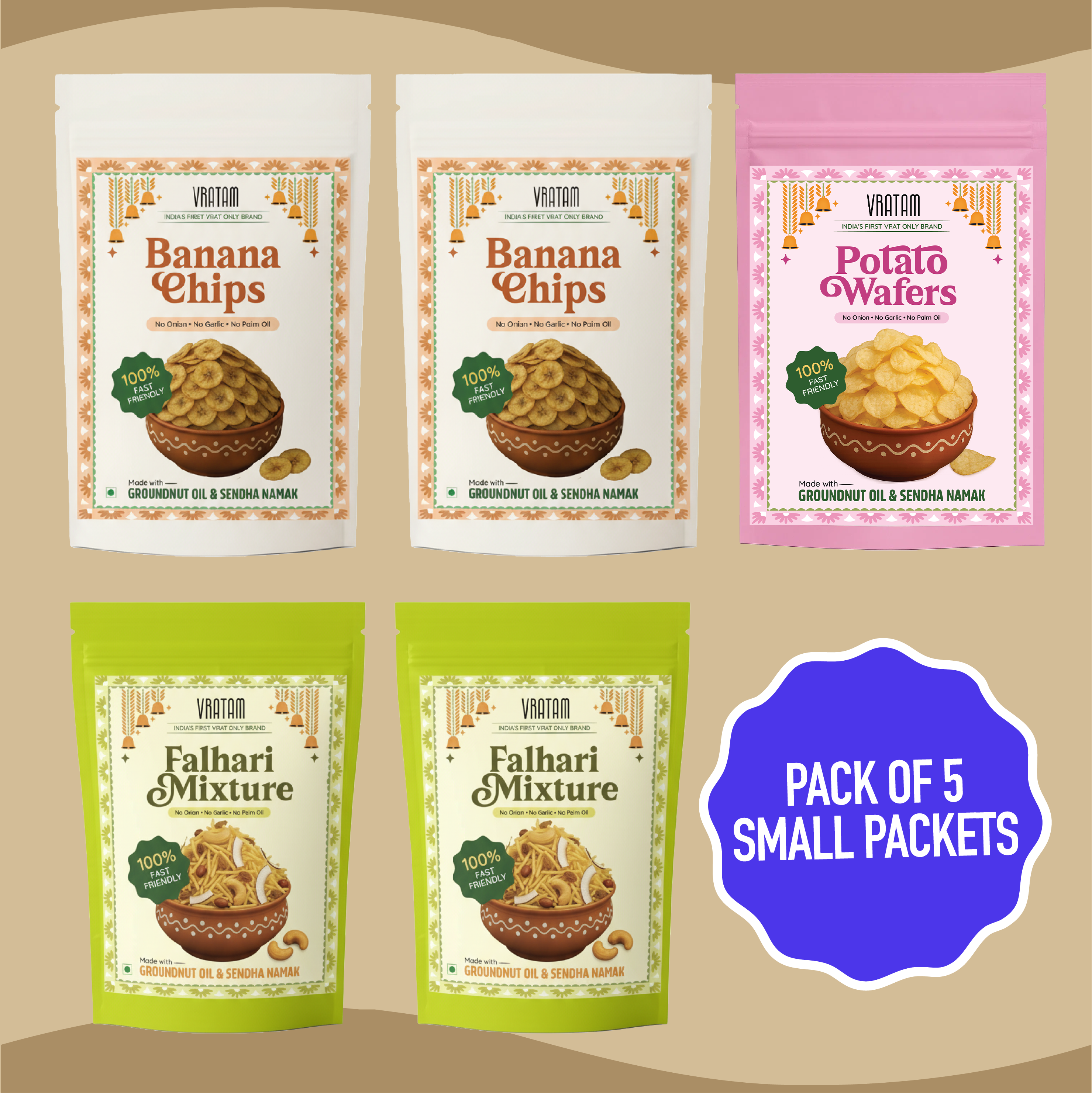 Mini Vrat Snacks Combo - Pack of 5-  Banana Chips (60gx2), Falhari Mixture (110gx2), Potato Wafers (60gx1)