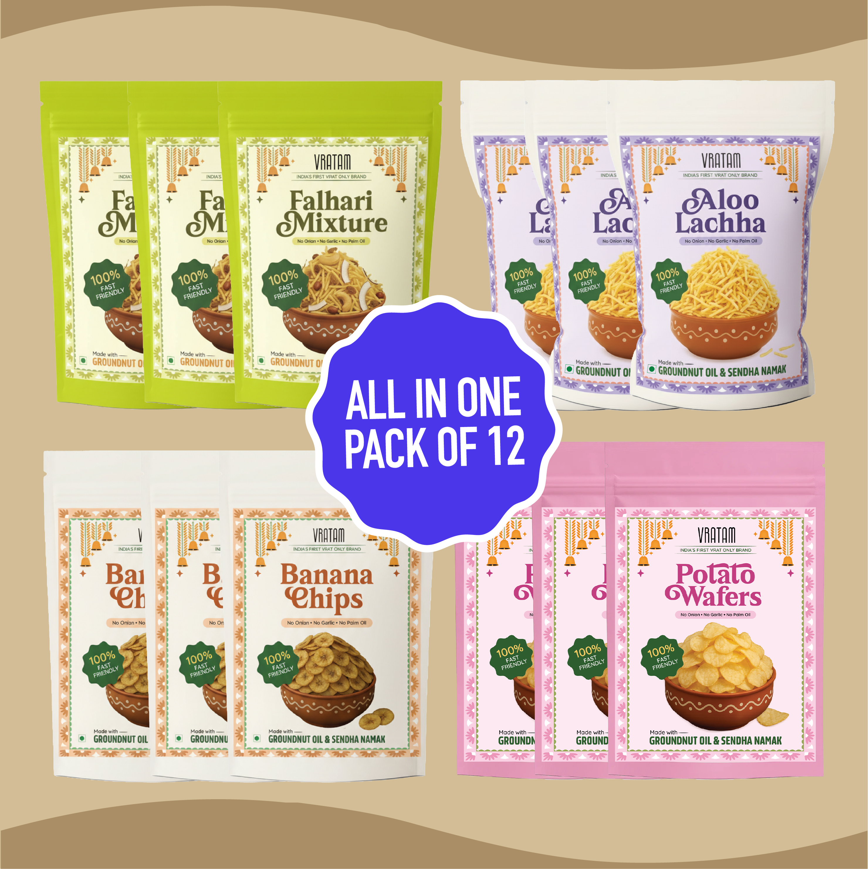 Ultimate All-in-One Vrat Combo - Pack of 12 | Potato Wafers (60gx3), Banana Chips (60gx3), Aloo Lachha (110gx3) & Falhari Mixture (190gx3)