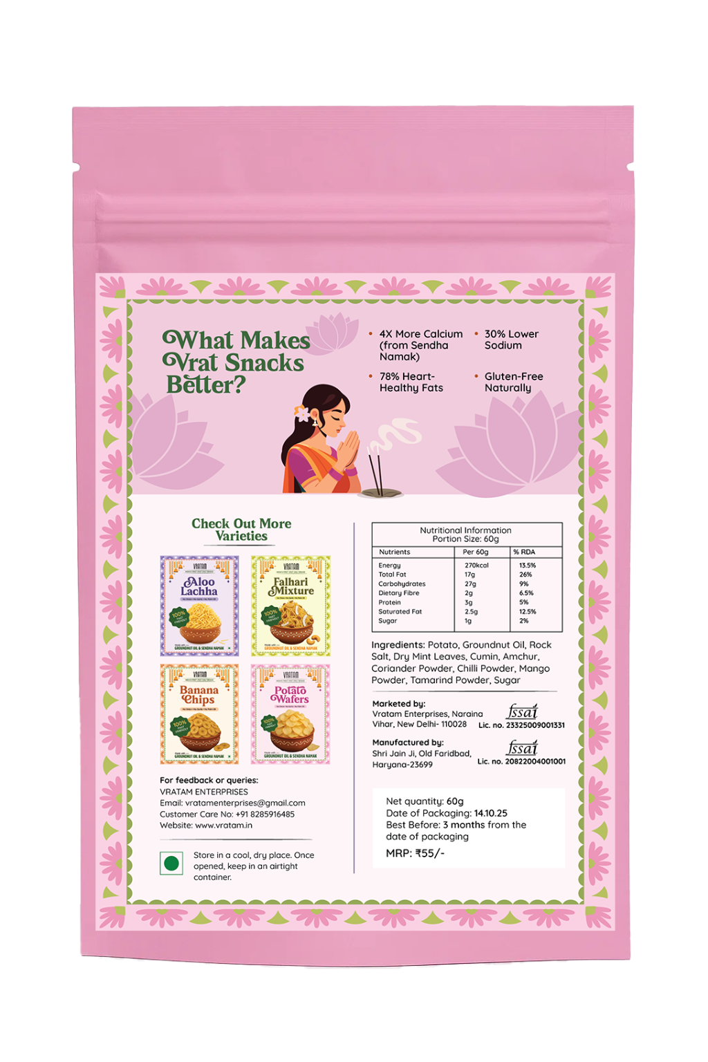 Pink packaging of Viral Snacks with nutritional information and product images on a white background