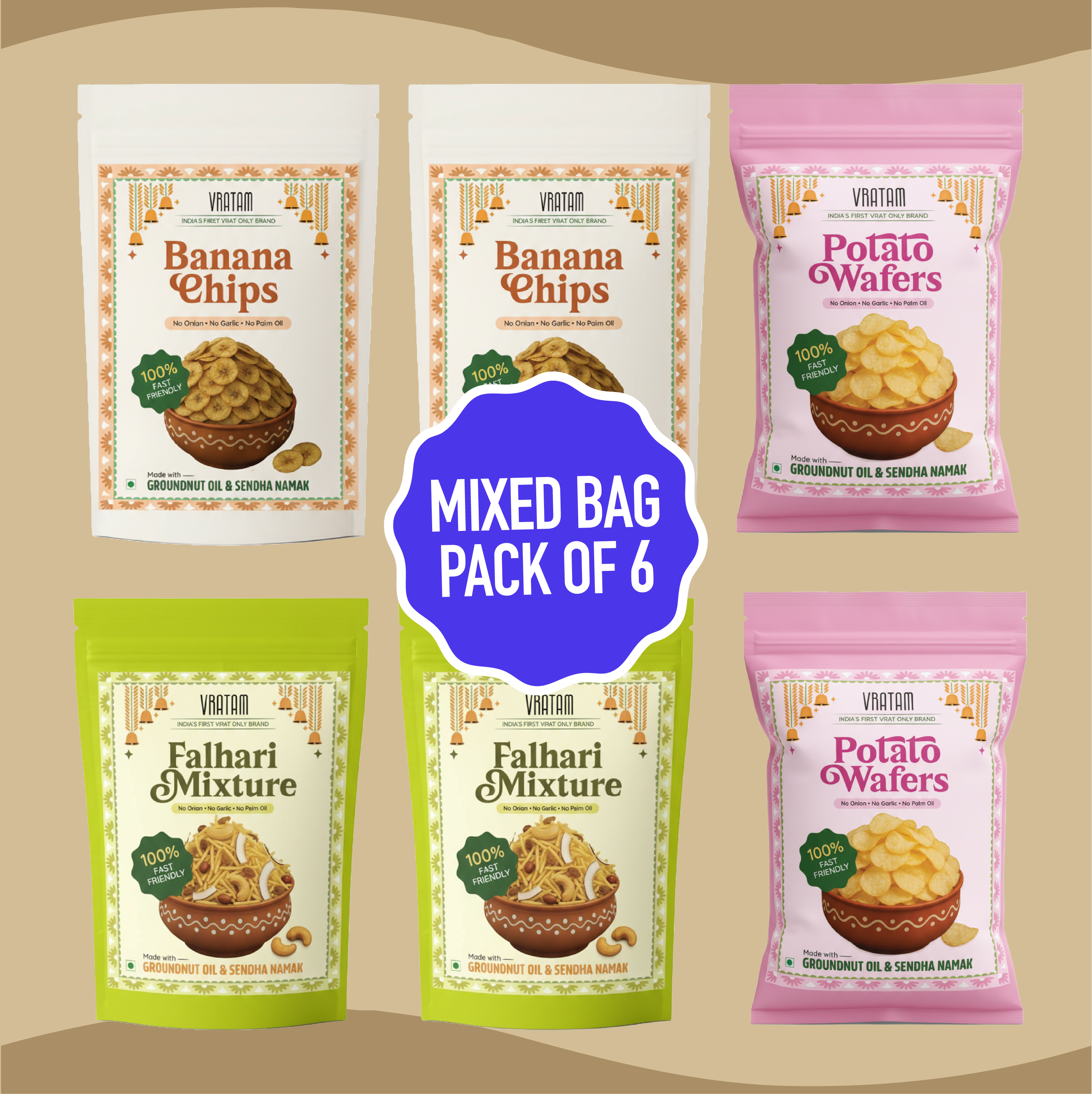Family Vrat Combo - Pack of 6 | Mixed Bag of Falhari Mixture (190gx2), Banana Chips (60gx2), & Potato Wafers (60gx2)