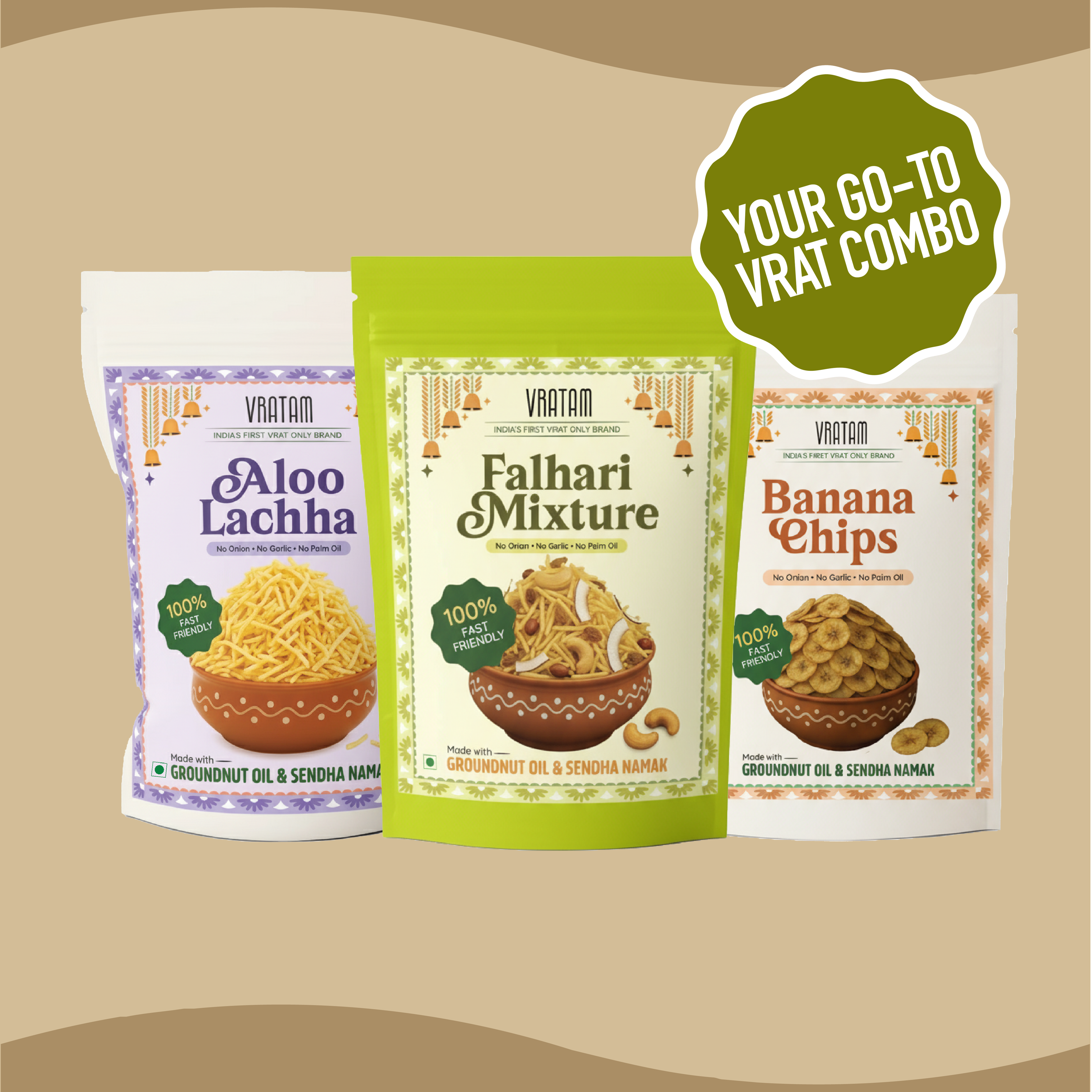 Go-To Vrat Snacks Combo - Pack of 3 | Falhari Mixture (110g), Aloo Lachha (110g) & Banana Chips (60g)
